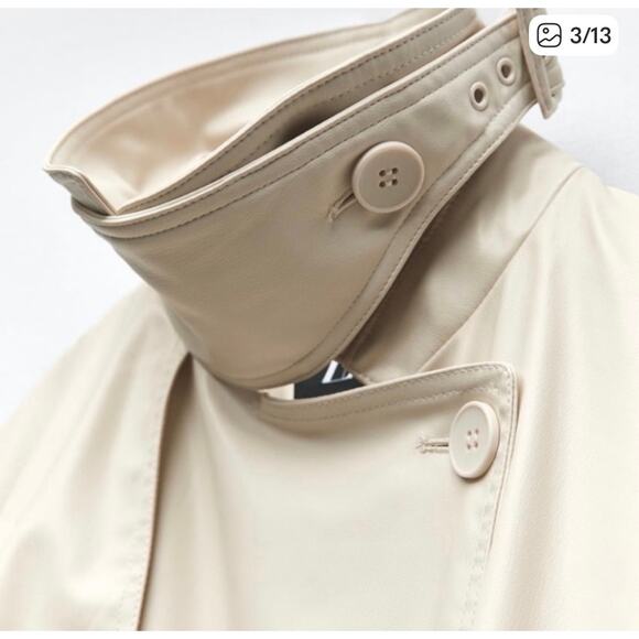 Zara Belted Faux Leather cream Trench Coat size medium oversize NWT  - Picture 4 of 16